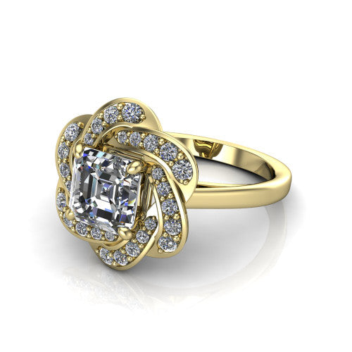 Evelynn square emerald halo engagement ring in 14K Yellow Gold, three-quarter perspective showing the square emerald center diamond in a flower-inspired woven pave halo on a polished band