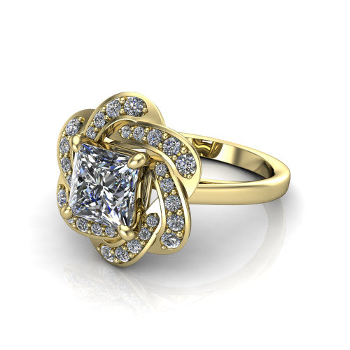 Evelynn princess halo engagement ring in 14K Yellow Gold, three-quarter perspective showing the princess center diamond in a flower-inspired woven pave halo on a polished band