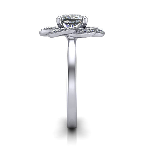 Evelynn cushion halo engagement ring in Platinum, side profile showing the woven halo and polished band