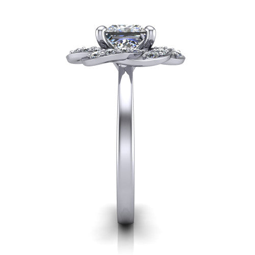 Evelynn princess halo engagement ring in Platinum, side profile showing the woven halo and polished band