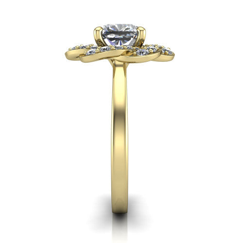 Evelynn cushion halo engagement ring in 14K Yellow Gold, side profile showing the woven halo and polished band