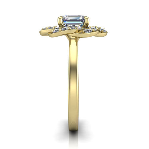 Evelynn square emerald halo engagement ring in 14K Yellow Gold, side profile showing the woven halo and polished band