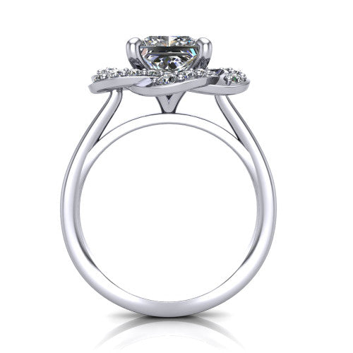 Evelynn princess halo engagement ring in 14K White Gold, through-finger front profile showing the floral halo and polished band