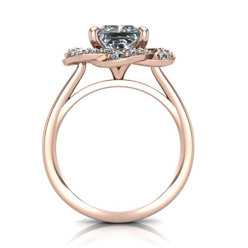 Evelynn princess halo engagement ring in 14K Rose Gold, through-finger front profile showing the floral halo and polished band