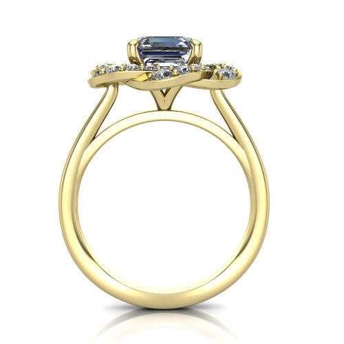 Evelynn square emerald halo engagement ring in 18K Yellow Gold, through-finger front profile showing the floral halo and polished band