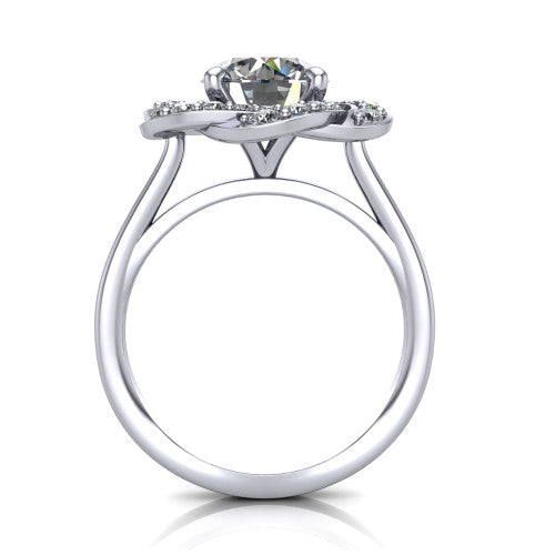 Evelynn round halo engagement ring in Platinum, through-finger front profile showing the floral halo and polished band