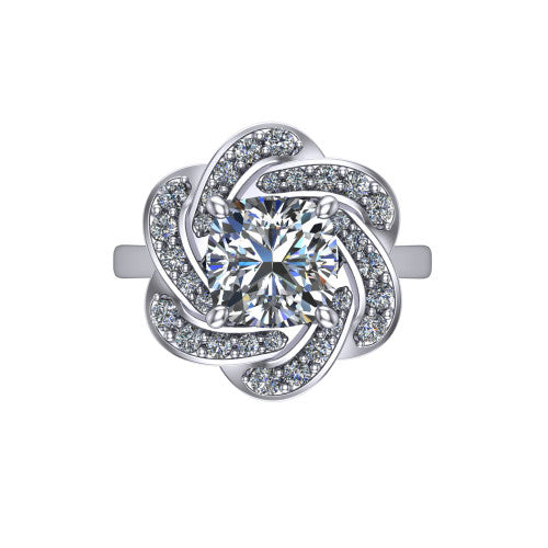Evelynn cushion halo engagement ring in 14K White Gold, top-down view showing the cushion center diamond framed by a woven floral pave halo