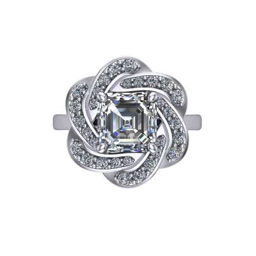 Evelynn square emerald halo engagement ring in 18K White Gold, top-down view showing the square emerald center diamond framed by a woven floral pave halo
