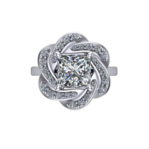 Evelynn princess halo engagement ring in Platinum, top-down view showing the princess center diamond framed by a woven floral pave halo