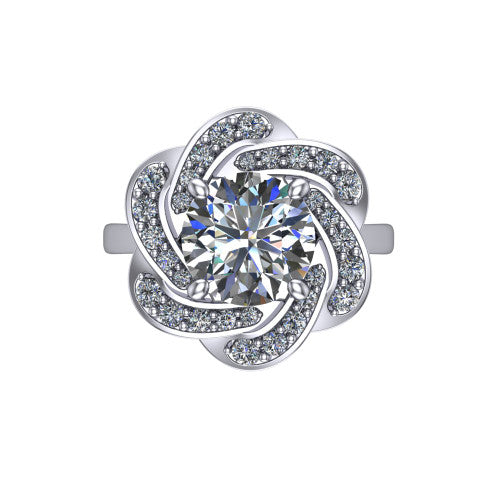 Evelynn round halo engagement ring in Platinum, top-down view showing the round center diamond framed by a woven floral pave halo