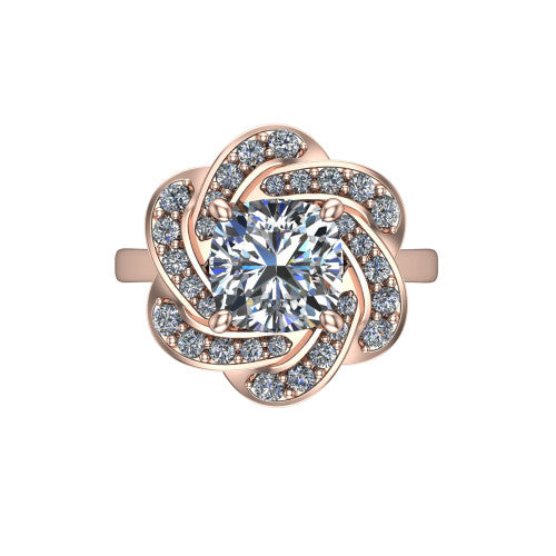 Evelynn cushion halo engagement ring in 14K Rose Gold, top-down view showing the cushion center diamond framed by a woven floral pave halo