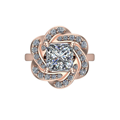 Evelynn princess halo engagement ring in 14K Rose Gold, top-down view showing the princess center diamond framed by a woven floral pave halo