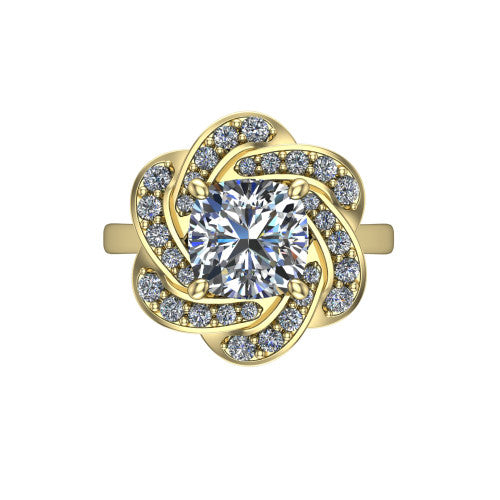Evelynn cushion halo engagement ring in 14K Yellow Gold, top-down view showing the cushion center diamond framed by a woven floral pave halo