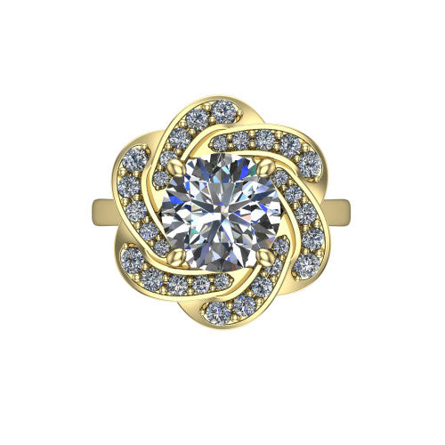 Evelynn round halo engagement ring in 14K Yellow Gold, top-down view showing the round center diamond framed by a woven floral pave halo