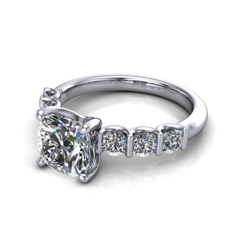 Liora cushion solitaire engagement ring in 14K White Gold, three-quarter perspective showing the cushion center diamond with graduated round side accents on a polished band