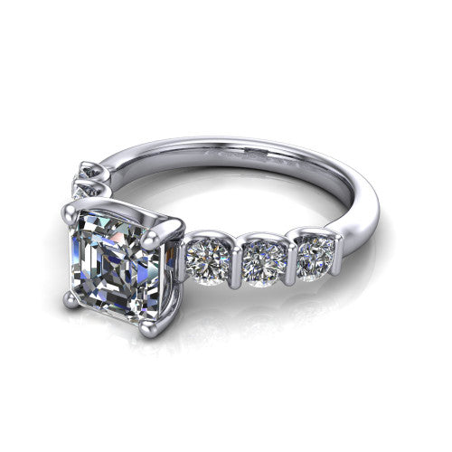 Liora square emerald solitaire engagement ring in 14K White Gold, three-quarter perspective showing the square emerald center diamond with graduated round side accents on a polished band