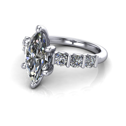 Liora marquise solitaire engagement ring in Platinum, three-quarter perspective showing the marquise center diamond with graduated round side accents on a polished band