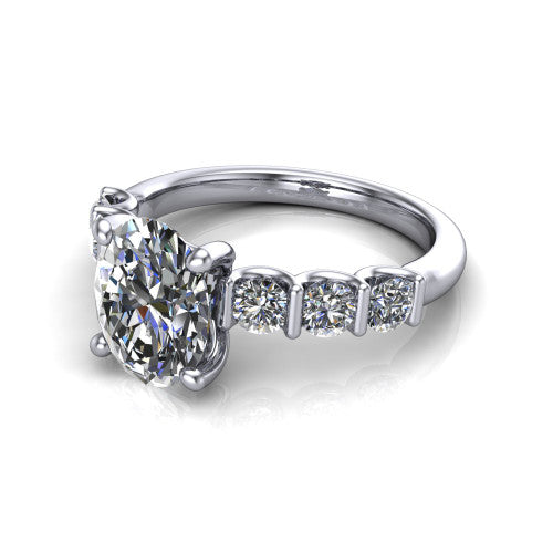 Liora oval solitaire engagement ring in 18K White Gold, three-quarter perspective showing the oval center diamond with graduated round side accents on a polished band