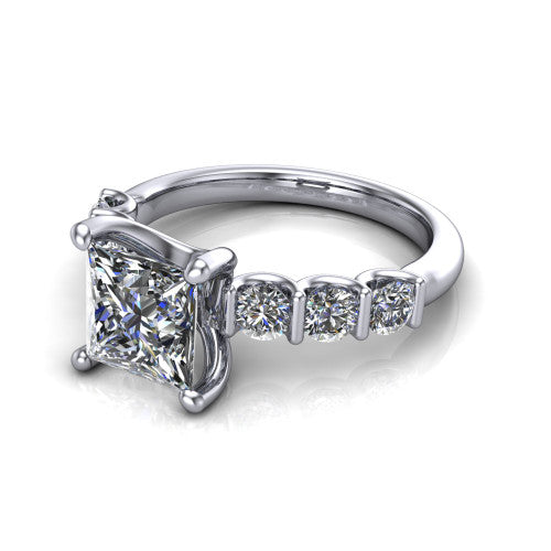 Liora princess solitaire engagement ring in 14K White Gold, three-quarter perspective showing the princess center diamond with graduated round side accents on a polished band