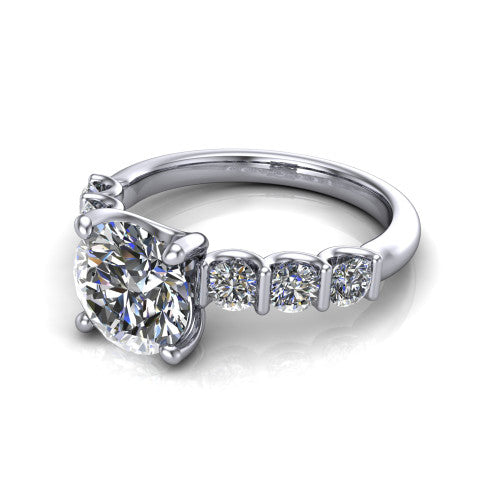 Liora round solitaire engagement ring in 14K White Gold, three-quarter perspective showing the round center diamond with graduated round side accents on a polished band