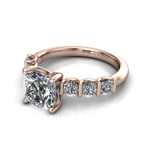 Liora cushion solitaire engagement ring in 18K Rose Gold, three-quarter perspective showing the cushion center diamond with graduated round side accents on a polished band