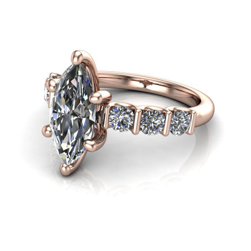 Liora marquise solitaire engagement ring in 18K Rose Gold, three-quarter perspective showing the marquise center diamond with graduated round side accents on a polished band