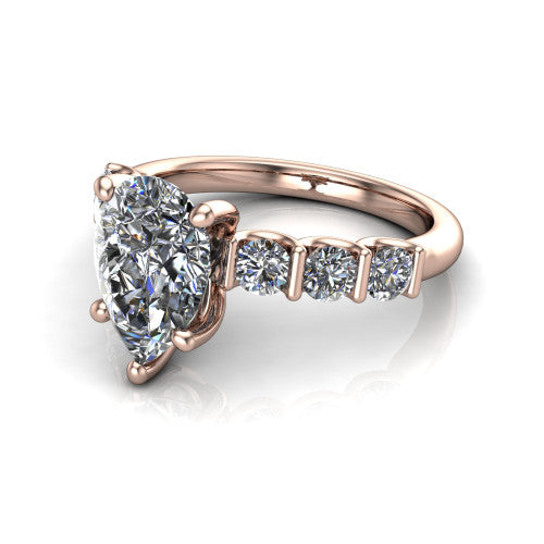 Liora pear solitaire engagement ring in 14K Rose Gold, three-quarter perspective showing the pear center diamond with graduated round side accents on a polished band