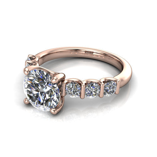 Liora round solitaire engagement ring in 14K Rose Gold, three-quarter perspective showing the round center diamond with graduated round side accents on a polished band