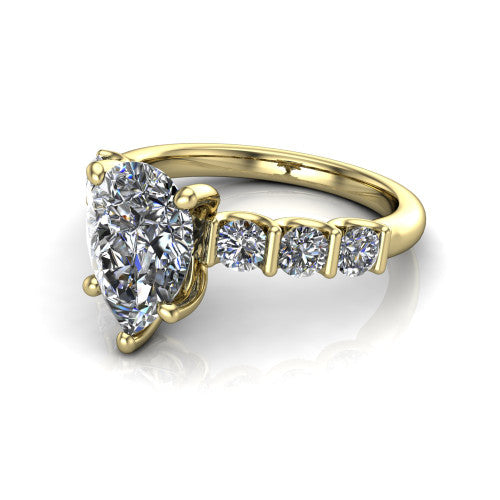 Liora pear solitaire engagement ring in 14K Yellow Gold, three-quarter perspective showing the pear center diamond with graduated round side accents on a polished band