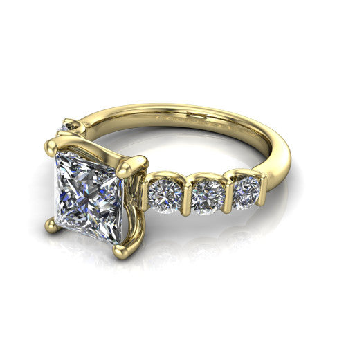 Liora princess solitaire engagement ring in 14K Yellow Gold, three-quarter perspective showing the princess center diamond with graduated round side accents on a polished band