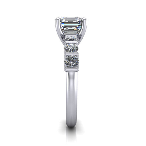 Liora square emerald solitaire engagement ring in 18K White Gold, side profile showing the side accents and polished band