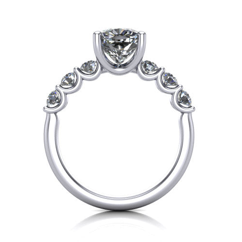 Liora cushion solitaire engagement ring in 18K White Gold, through-finger front profile showing the graduated side stones and open basket