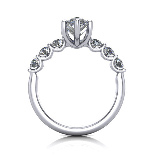 Liora pear solitaire engagement ring in 18K White Gold, through-finger front profile showing the graduated side stones and open basket