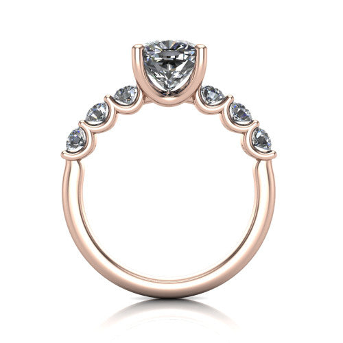 Liora cushion solitaire engagement ring in 14K Rose Gold, through-finger front profile showing the graduated side stones and open basket