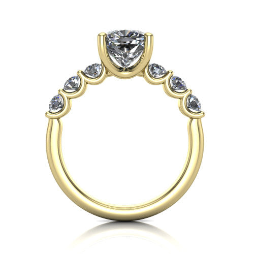 Liora cushion solitaire engagement ring in 14K Yellow Gold, through-finger front profile showing the graduated side stones and open basket