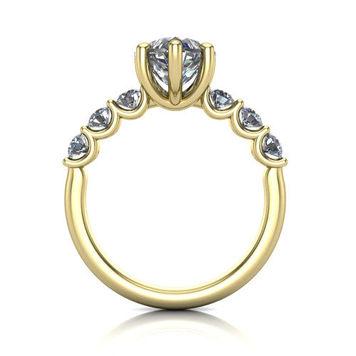 Liora heart solitaire engagement ring in 14K Yellow Gold, through-finger front profile showing the graduated side stones and open basket