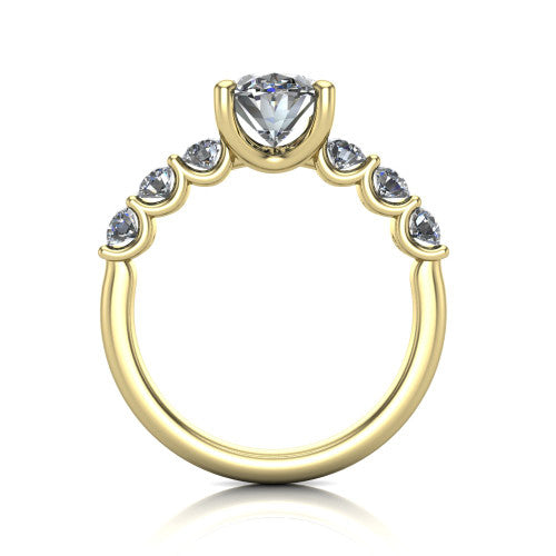 Liora oval solitaire engagement ring in 18K Yellow Gold, through-finger front profile showing the graduated side stones and open basket