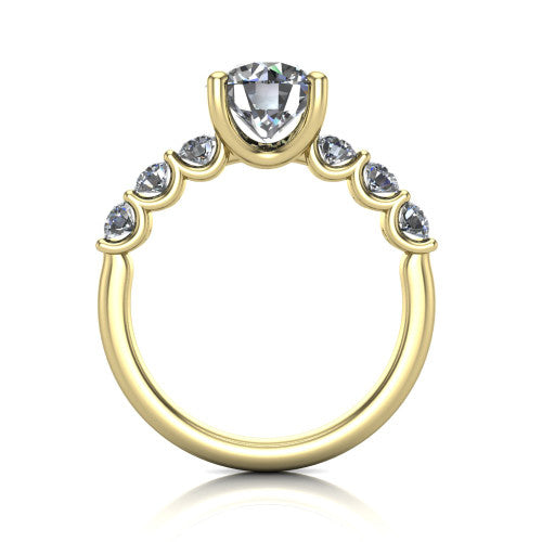 Liora round solitaire engagement ring in 14K Yellow Gold, through-finger front profile showing the graduated side stones and open basket