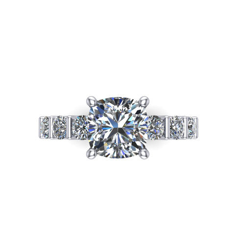 Liora cushion solitaire engagement ring in 14K White Gold, top-down view showing the cushion center diamond and bar-set side accents