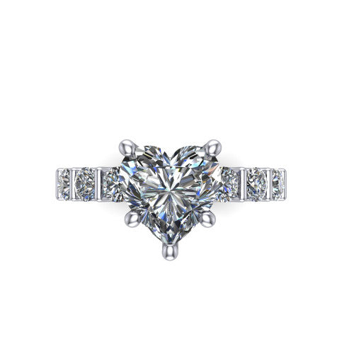 Liora heart solitaire engagement ring in Platinum, top-down view showing the heart center diamond and bar-set side accents