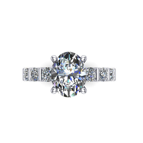 Liora oval solitaire engagement ring in 18K White Gold, top-down view showing the oval center diamond and bar-set side accents