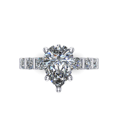 Liora pear solitaire engagement ring in Platinum, top-down view showing the pear center diamond and bar-set side accents