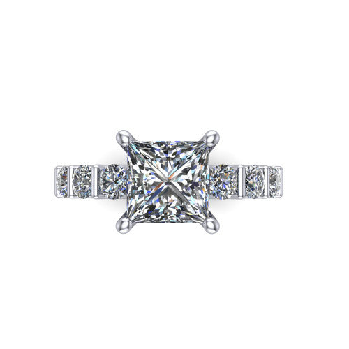 Liora princess solitaire engagement ring in 14K White Gold, top-down view showing the princess center diamond and bar-set side accents