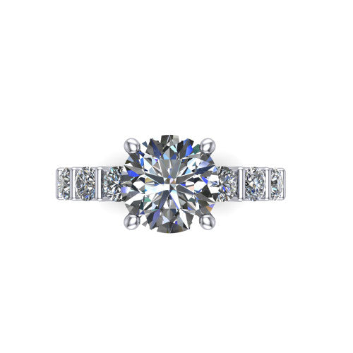 Liora round solitaire engagement ring in 14K White Gold, top-down view showing the round center diamond and bar-set side accents