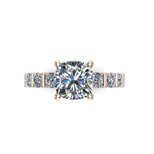 Liora cushion solitaire engagement ring in 14K Rose Gold, top-down view showing the cushion center diamond and bar-set side accents