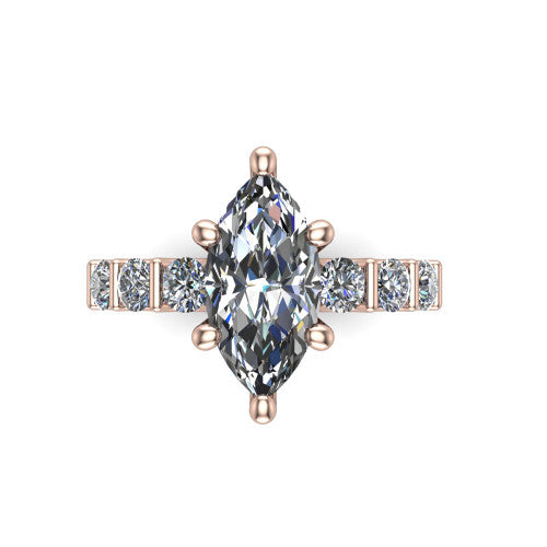 Liora marquise solitaire engagement ring in 14K Rose Gold, top-down view showing the marquise center diamond and bar-set side accents