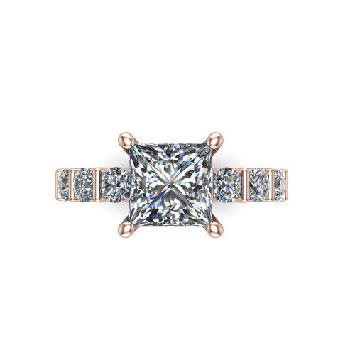 Liora princess solitaire engagement ring in 18K Rose Gold, top-down view showing the princess center diamond and bar-set side accents