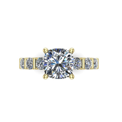 Liora cushion solitaire engagement ring in 14K Yellow Gold, top-down view showing the cushion center diamond and bar-set side accents