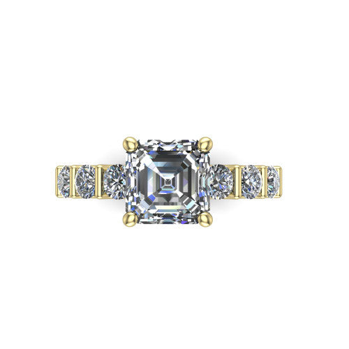 Liora square emerald solitaire engagement ring in 18K Yellow Gold, top-down view showing the square emerald center diamond and bar-set side accents