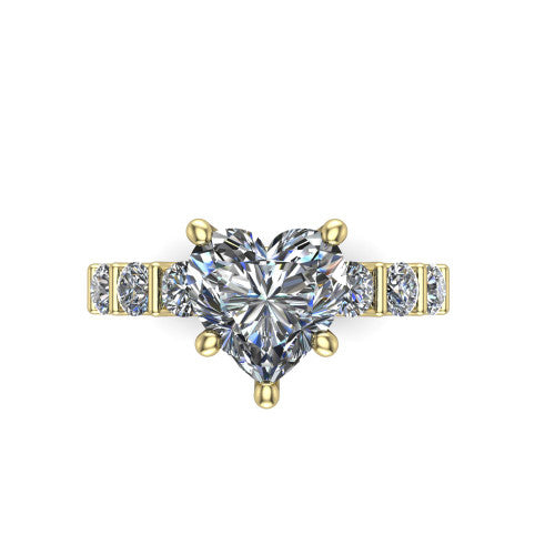 Liora heart solitaire engagement ring in 18K Yellow Gold, top-down view showing the heart center diamond and bar-set side accents